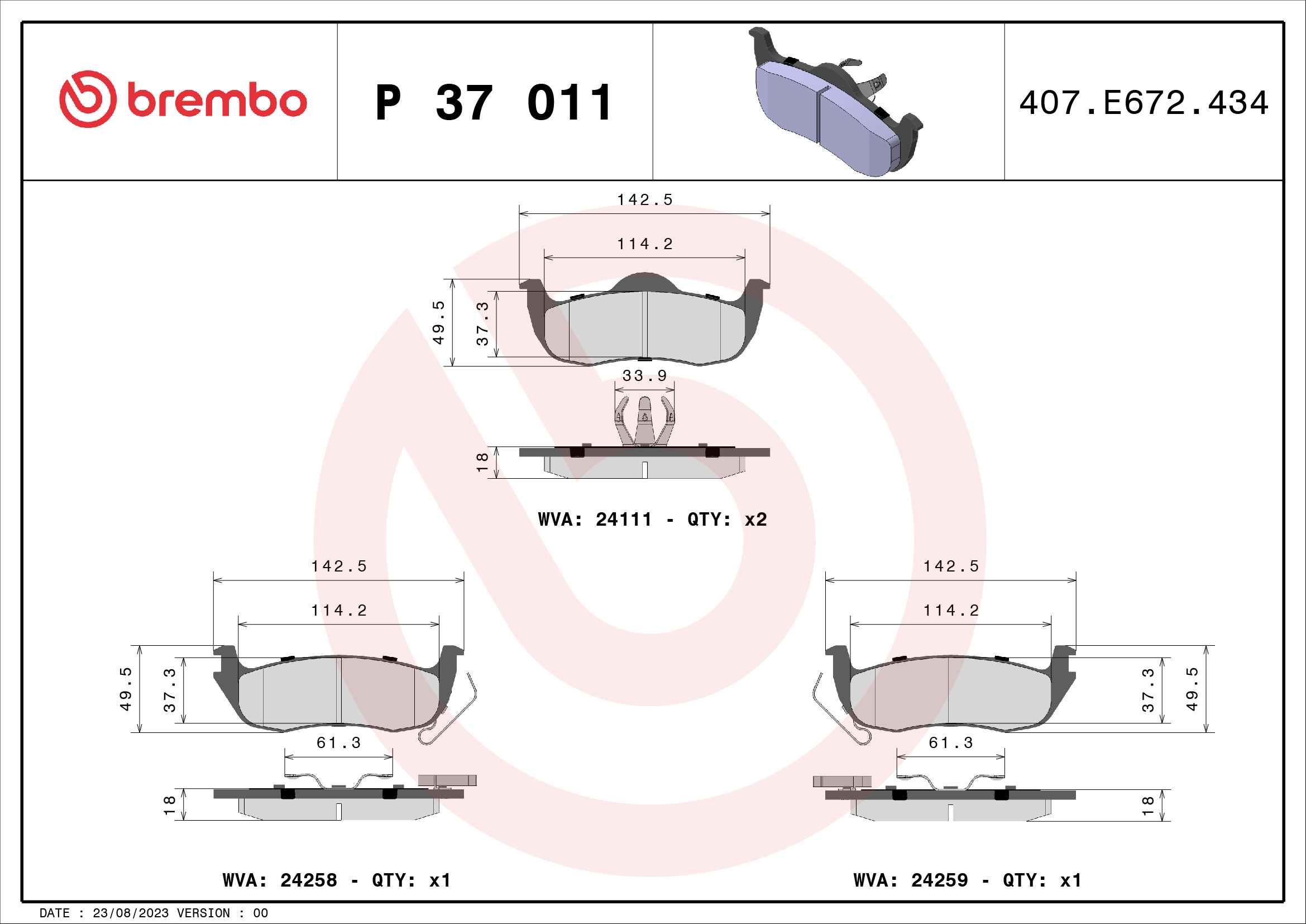 A.B.S. P 37 011 BREMBO Bremsbelagsatz, Scheibenbremse
